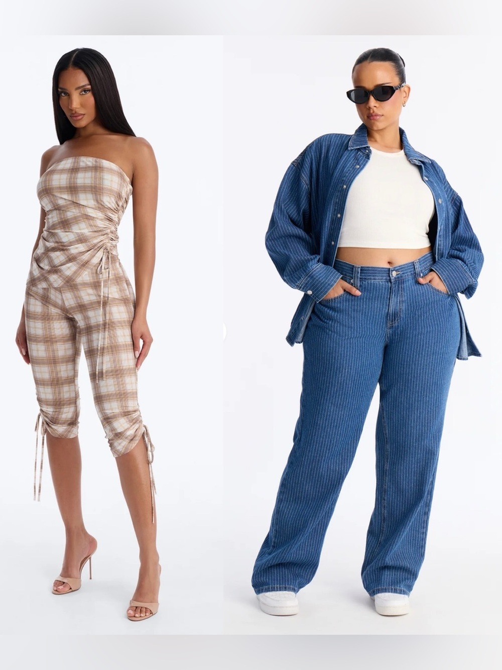 Fashionnova Denim Pinstripe Set AND Plaid Mesh Set